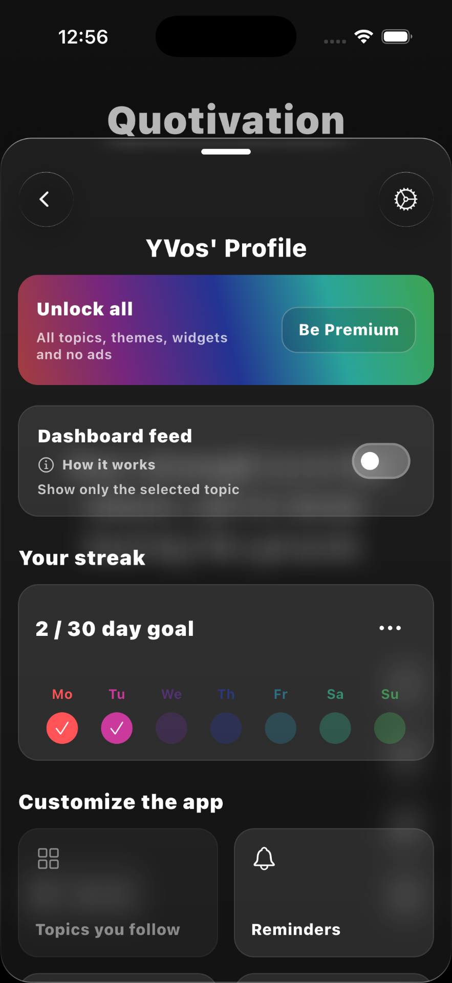 Quotivation profile and streak screen